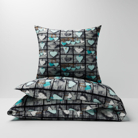 Pościel z kory 140x200 + 70x80 + 40x40 | 073turk | szaro turkusowa | patchwork z sercami